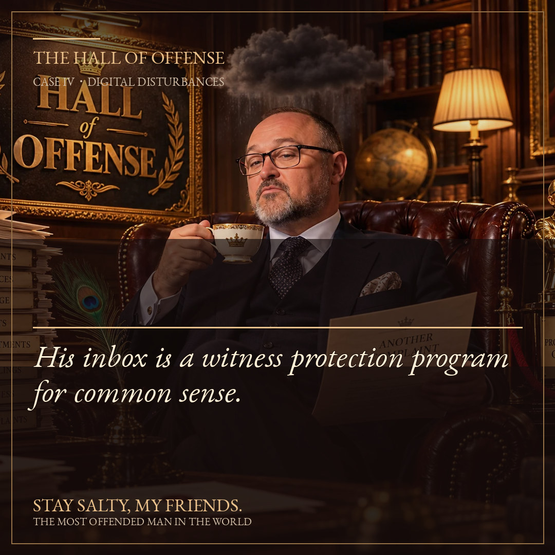 Share-ready portrait with the quote: His inbox is a witness protection program for common sense.