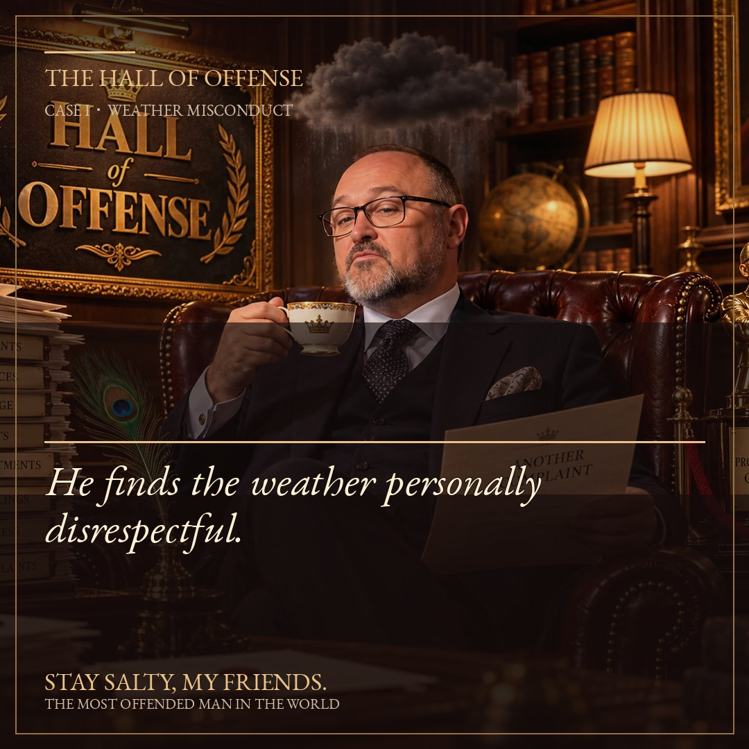 Share-ready portrait with the quote: He finds the weather personally disrespectful.