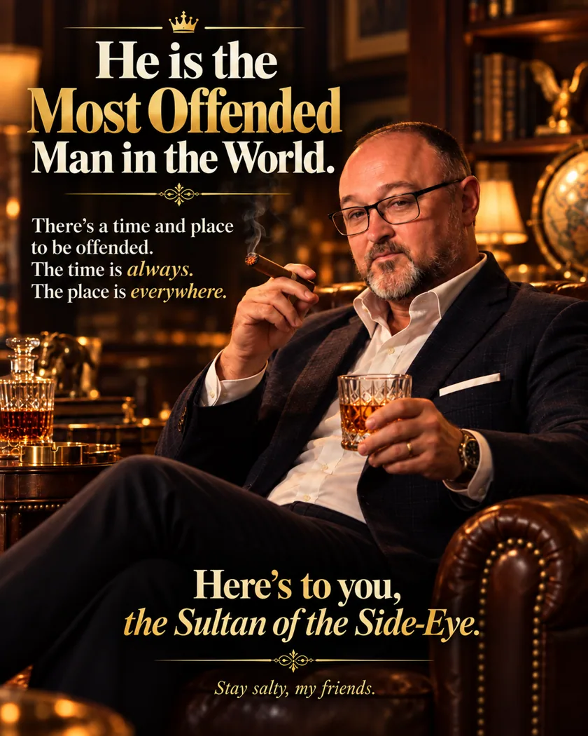 The Most Offended Man with a cigar and a glass of whiskey